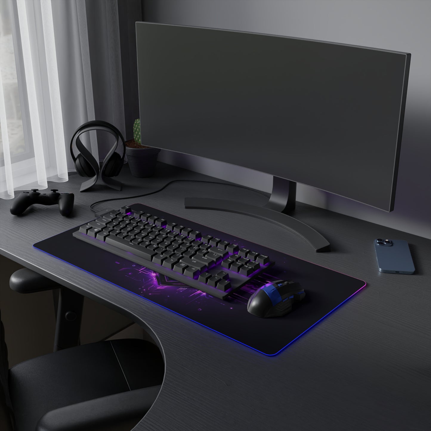 Neon Purple Glitch – Cyberpunk Energy Storm RGB Mousepad