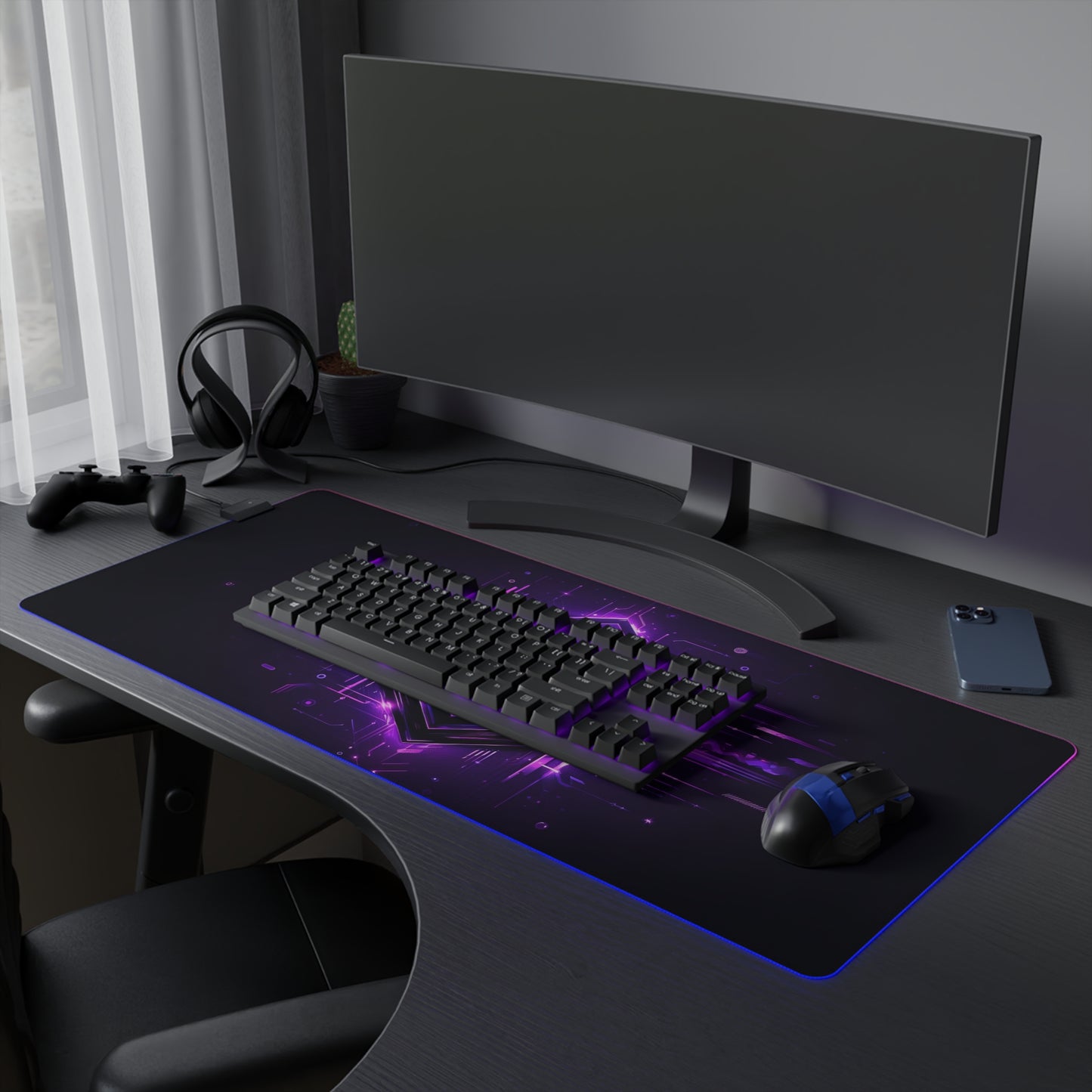 Neon Purple Glitch – Cyberpunk Energy Storm RGB Mousepad