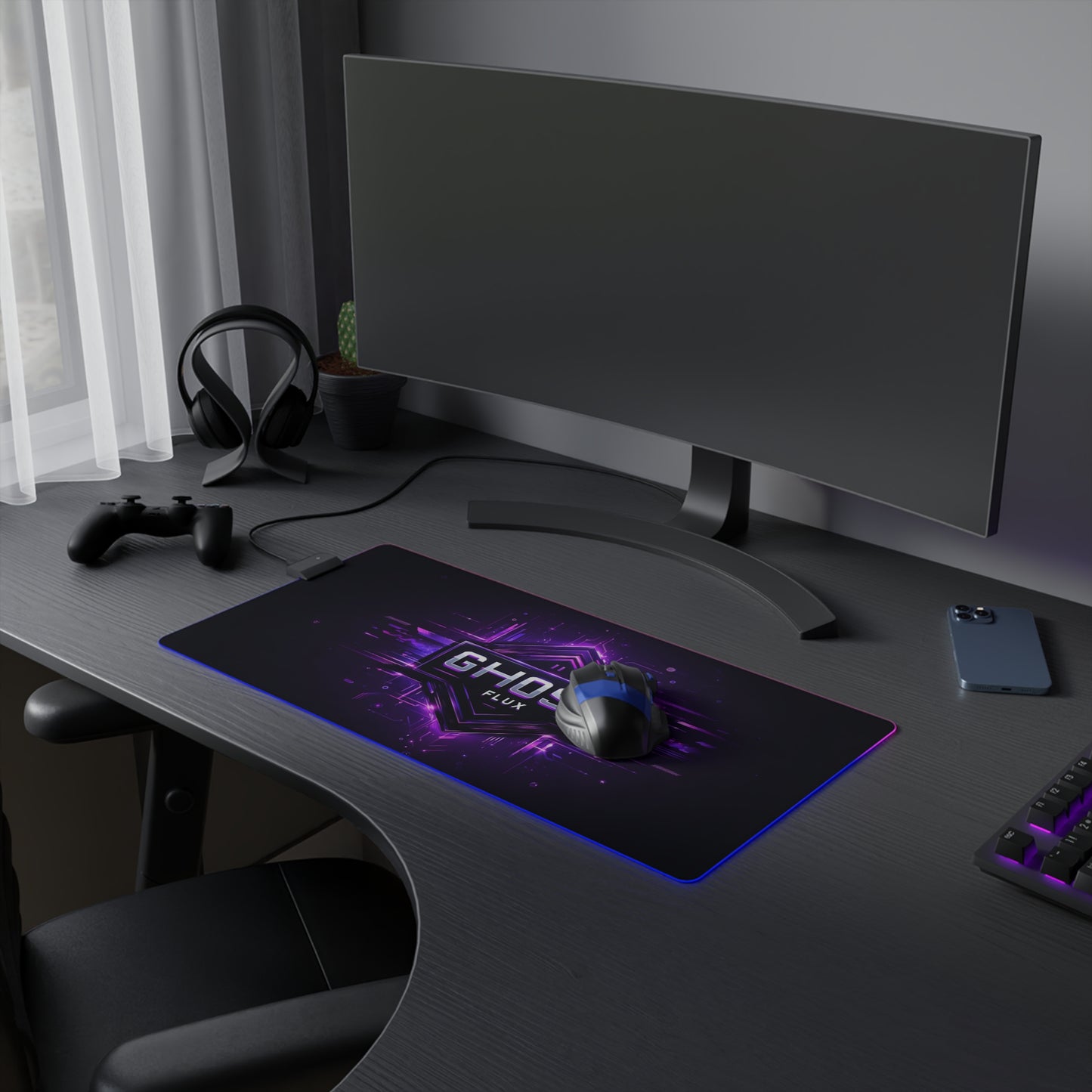 Neon Purple Glitch – Cyberpunk Energy Storm RGB Mousepad